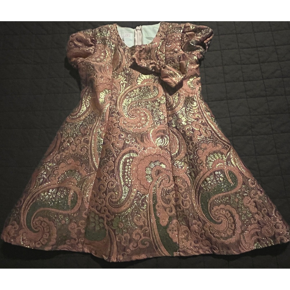Little Loaves & Fishes Girls Paisley Brocade Dress Copper Gold Metallic Bow 21"